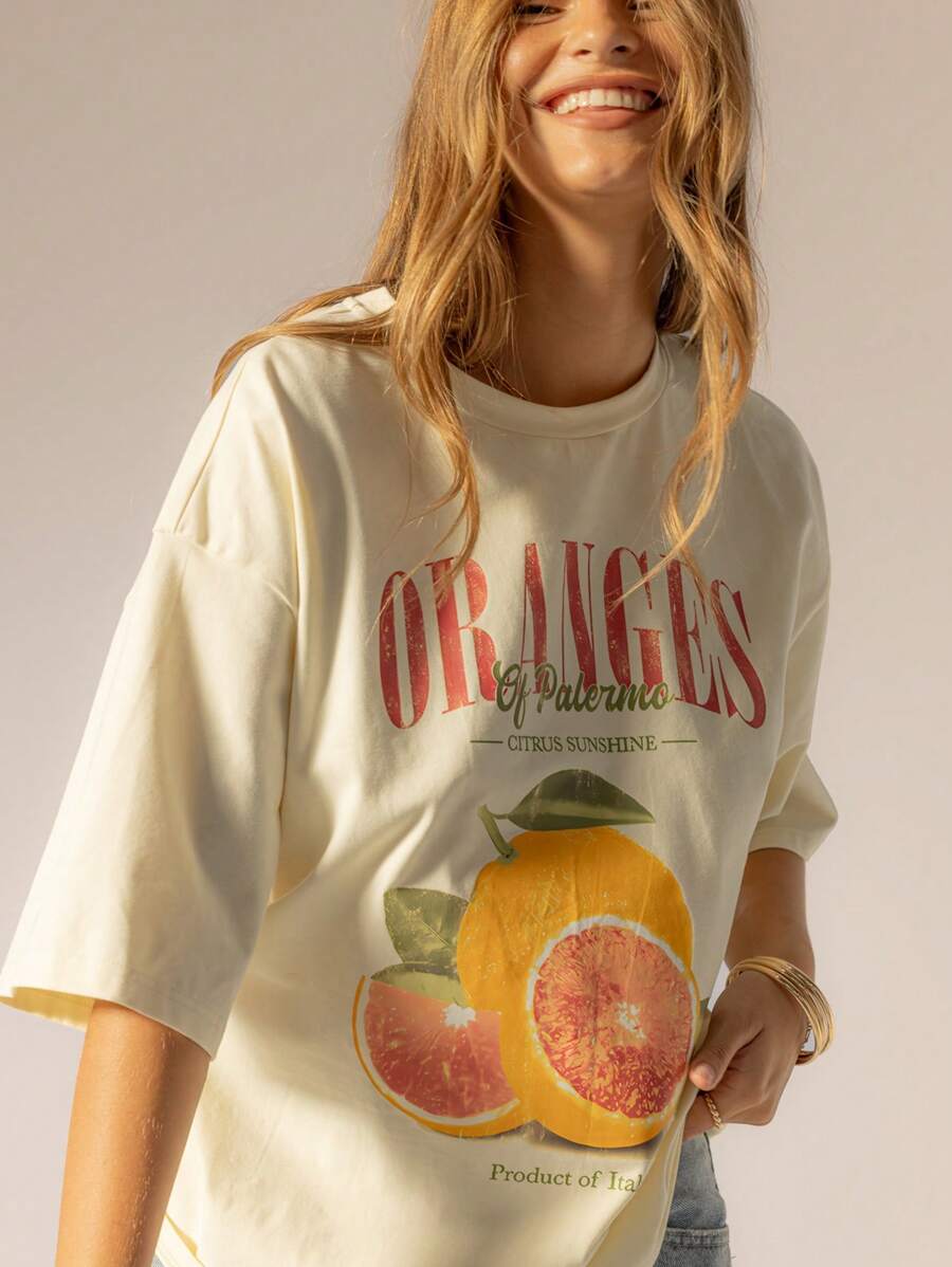 Aralina Camiseta gráfica oversize para vacaciones de verano para mujeres - Amarillo - Ver 1