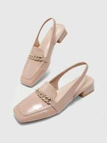 CUCCOO BIZCHIC 卡其色链条带低跟方头露跟平底鞋，时尚通勤、约会、派对、节日穿着