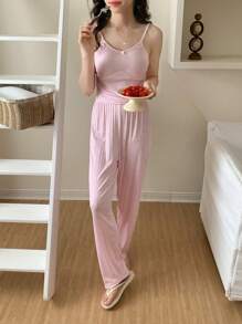 3件套青少年女童柔软针织蝴蝶结印花短袖开衫、裤子和吊带背心睡衣套装蝴蝶结夏装毕业礼物芭蕾舞裙女童连衣裙 - 粉色 - 查看 3