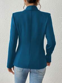 SHEIN PETITE 女式职业风格纯色披肩领长袖轻便西装外套 - 水鴨藍 - 查看 2