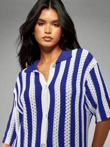 MISSGUIDED 条纹钩针纽扣开衫毛衣夏季海滩罩衫度假服短袖假日家居服 - 藍色 - 查看 3