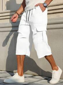 Manfinity Homme Men's Solid Color Drawstring Waist Casual Loose Cargo Capri Pants, Summer - White - View 3