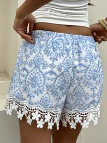 Sunnyshic Quần short rộng rãi thêu họa tiết thường ngày cho kỳ nghỉ - Xanh và trắng - Xem 2