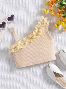 SHEIN Baby Girl Asymmetric Organza Ruffle Trim Spaghetti Strap Top - Khaki - View 5