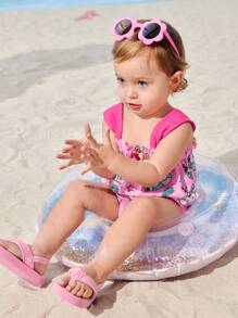 SEALOOK X SHEIN Tutina estiva rosa con stampa carina di foca per bimba