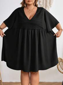 SHEIN CURVE+ Plus Size Vacation Casual Solid Color Lace Patchwork Dress,Summer Dresses For Women,Flowy Dress - Black - View 6