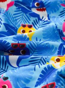 BABY SHARK X SHEIN 小男孩卡通鲨鱼和植物图案泳裤 - 藍色 - 查看 6