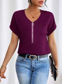 EMERY ROSE 夏季休闲半拉链蝙蝠袖衬衫，短袖上衣