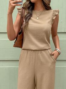 SHEIN Clasi Women's Khaki Summer Casual Vacation Boat Neck Cap Sleeve Ruffle Hem Knitted Set,Bubble Ruched Shirt & Wide Leg Elastic Waist Pants 2 Piece Outfits - Apricot - View 1