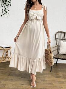 SHEIN Vestido de maternidad elegante sin mangas con volantes en el bajo, cierre delantero de lazo y unicolor para lactancia