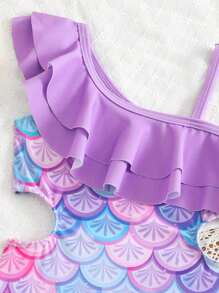 Baby Girl Mermaid Scale Print Asymmetrical Neck Hollow-Out One-Piece Swimsuit, Suitable For Beach Vacation