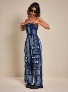 SHEIN ICON 女士 Street Carpockets 露背抹胸牛仔连体裤 - 藏蓝色 - 查看 1