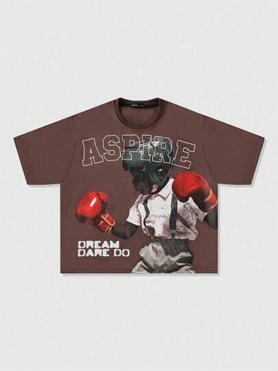 Street Life Camiseta holgada y acortada con estampado de mano de boxeo para hombres de talla grande