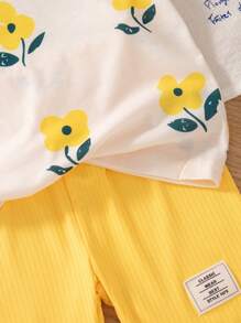 Elladie kids Summer Young Girls Flower Print Round Neck Short Sleeve T-Shirt&Ribbed Comfortable Fashion Pants - Yellow - View 6