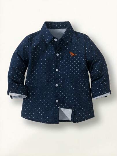 小男孩海军蓝圆点舒适休闲长袖衬衫，适合春夏季、度假、旅行、放松、日光浴