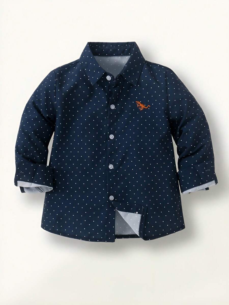 小男孩海军蓝圆点舒适休闲长袖衬衫，适合春夏季、度假、旅行、放松、日光浴