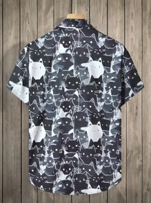 Manfinity Homme Camisa de manga corta con estampado de gatos para hombre, camisas de verano de moda con gatos para hombres