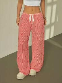 SHEIN PETITE Elegant Low Waist Sexy Out Comfortable Trousers, Bow Striped Print Versatile Long Pants - Red - View 7