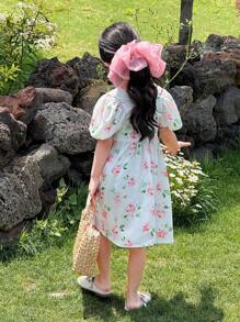 SHEIN Young Girls Woven Floral Puff Sleeve Fitted A-Line Hem Dress, Suitable For Girls Daily Wear, Vacation, Festival, Family Gathering And Special Occasions - White - View 2