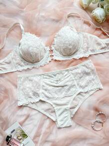 SHEIN 2pcs/Set Plus Size Women Sexy Lace Patchwork Lingerie Set - White - View 6