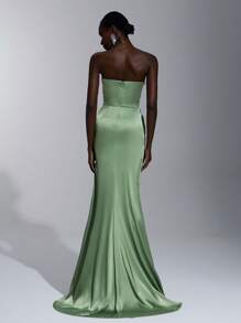 Elitara 优雅华丽的浅绿色手工渐变水钻和钻石链装饰钢圈胸罩性感高开叉百褶鱼尾适合约会派对单身派对度假正式场合晚礼服、长袍、晚会、婚礼宾客 - 綠色 - 查看 3
