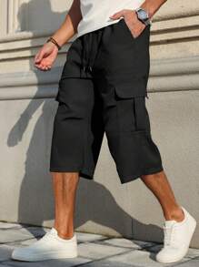 Manfinity Homme Men's Casual Sport Cargo Pockets Drawstring Black Cargo Baggy Capri Pants - Black - View 3