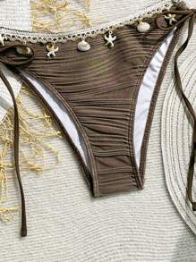 Swim Vcay Summer Women 2pcs Textured Solid Color Shell Strap Decor Halter Tie Bikini Set Set, Handmade Shell Quantity Random - Coffee Brown - View 5