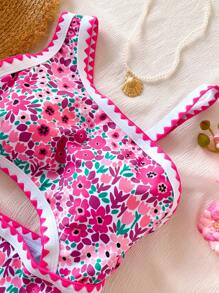 SHEIN Girls' One-Piece Swimsuit With Tiny Ditsy Floral And Ruffle Trim Summer Holiday