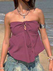 Jouncy Women's Strapless Tie-Up Ruffle Hem Camisole Tank Top, Summer - Burgundy - View 3