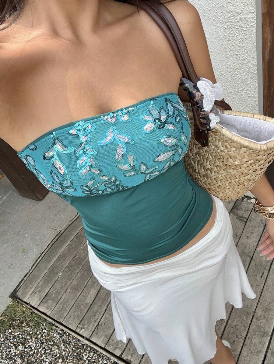 Sunnyshic Áo ống thêu sequin kim sa mùa hè thường ngày/nghỉ mát cho nữ - Nhiều màu - Xem 1