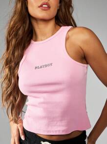 Missguided x Playboy Ribbed Athletic Tank Top Performance Workout Gym Summer Crop Training Sports Vest Running Active Wear Fitted Racer Tank Car Racing - Pink - View 3