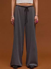 COUREZ Pantalones de pierna ancha de tiro bajo con cordón, para verano para mujeres, estilo casual de calle, vintage Y2K - Gris Oscuro - Ver 3