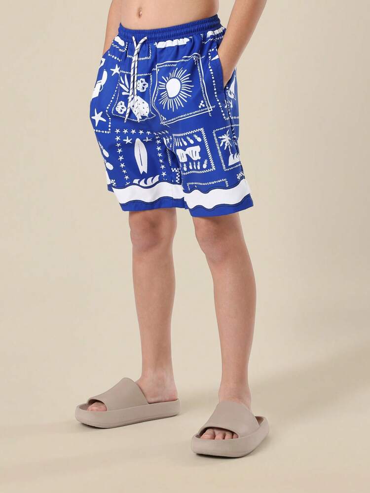 Boardshorts mit elastischer Taille und Hawaii-Print und Taschen