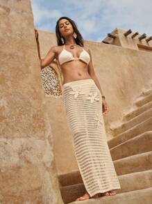 Swim Chiccia 女士休闲 3D 钩针花卉装饰镂空透视网眼背心和高开衩沙滩裙套装，优雅适合春夏度假、海滩游泳度假 - 米色 - 查看 3