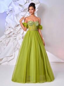 Glamrae Elegant Yellow-Green Mesh Prom Dress,Luxurious Sequin Stitching Fishbone Waist Oversized Skirt With Train,Formal Dinner Wedding Birthday Party Gown - Olive Green - View 8