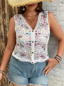 SHEIN VCAY 大码休闲多色刺绣针织毛衣 - 白色 - 查看 1