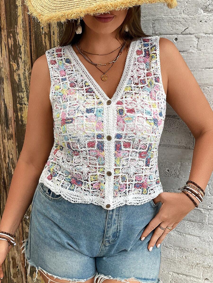 SHEIN VCAY 大码休闲多色刺绣针织毛衣 - 白色 - 查看 1