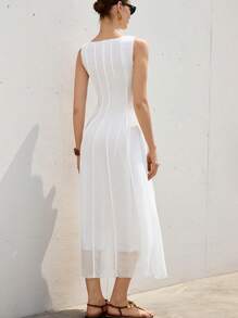 Aveloria Modichic Vestido elegante sin mangas con estampado floral, textura de tela, cintura alta y vuelo en el bajo, estilo vacacional - Blanco - Ver 2