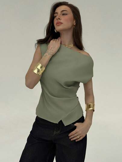 Aloruh قميص سيدة المكتب ذو أكمام منفوخة وياقة قارب قصيرة مجمعة