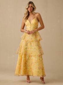 Enchnt Váy maxi công chúa organza hở lưng họa tiết hoa vàng nắng lãng mạn mùa xuân/hè dành cho nữ, ngọt ngào và thanh lịch cho kỳ nghỉ, ngày lễ, tiệc tùng, tốt nghiệp và khách dự tiệc cưới, bãi biển, váy dạ hội, váy mùa hè cho nữ, váy chống nắng cho nữ, quần áo mùa hè, váy thanh lịch cho tiệc tùng, quần áo bohemian - Màu vàng - Xem 7