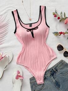 Soleia New Tie Ribbon Bow Knit Bodysuit, Elegant Color Block Vacation Casual Versatile - Baby Pink - View 3