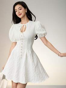 Modelyn Women Elegant Jacquard Solid Color Puff Sleeve Short Dress, Summer - White - View 6