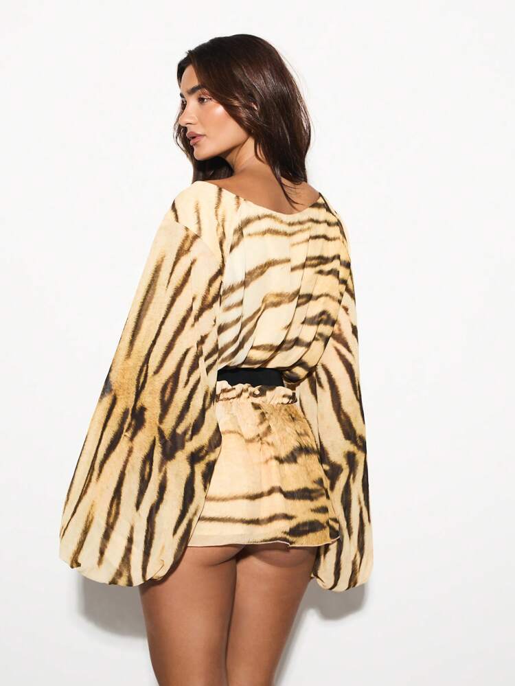 KIZN Tiger Print Balloon Sleeve Lace Up Front Western Style Mini Dress