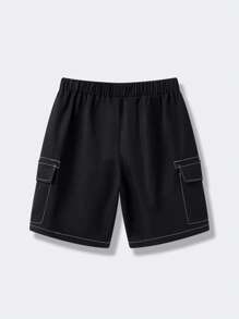 SHEIN Leap Crew Teen Boy's Casual Street Chic Solid Color Straight Cut Loose Shorts, Comfortable For Commuting, School, Casual, Vacation, Sports, Suitable For Spring & Summer - Black - View 3