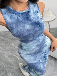 SHEIN EZwear 女士修身扎染印花紧身长裙，夏季 - 藍色 - 查看 3