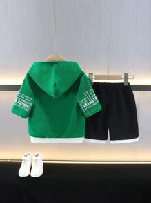 Set de 2 piezas (Sudadera con capucha deportiva informal de estilo universitario + Pantalones cortos) para niño, adecuado para uso escolar y diario, para primavera/verano