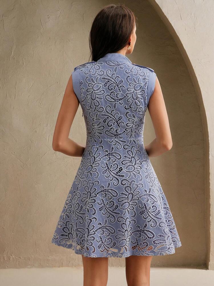 Patchwork Hollow Floral Lace Embroidery Collar Bowknot Waist Elegant Short Sleeveless A-Line Dress, Suitable For Spring, Summer, Festival, Graduation