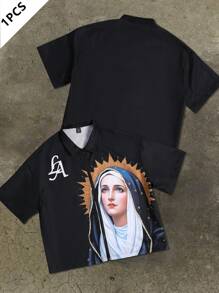 Manfinity EMRG Men Portrait Graphic Zip-Up Short Sleeve Shirt, Religious Shirts ,Christian Shirt Shirts Street Wear, Vintage Shirt Men, Christian Clothes - Black - View 1