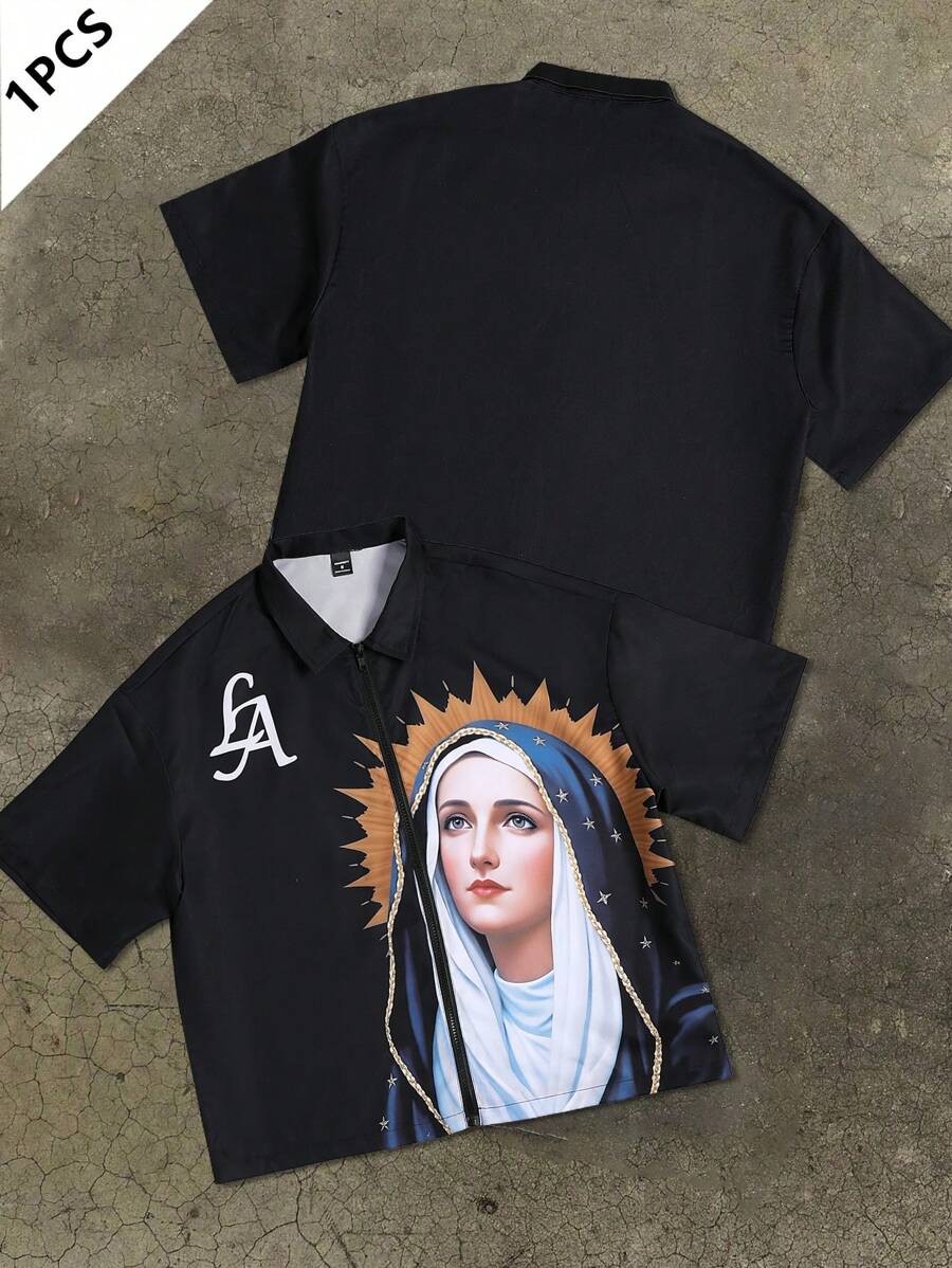 Manfinity EMRG Men Portrait Graphic Zip-Up Short Sleeve Shirt, Religious Shirts ,Christian Shirt Shirts Street Wear, Vintage Shirt Men, Christian Clothes - Black - View 1