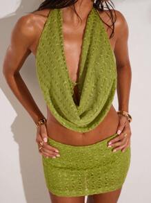 SHEIN BAE 2 Pieces Of Spring And Summer Crochet Draped Blouse And Low Waist Culottes Suitable For Island Vacation Outfits, Honeymoon Outfits Woman, Pool Party Outfit Vacation Outfits Woman Two Pieces Summer Set - Green - View 6